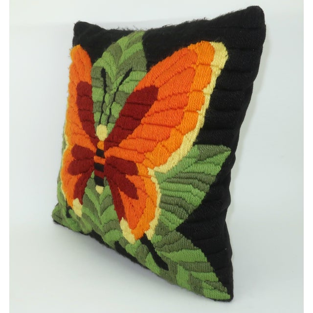 Mid-Century Modern Butterfly Yarn Crewel Embroidery Needlework Pillow, 1970's For Sale - Image 3 of 8