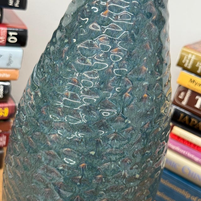 Teal Glazed Teal & Amber Textured Ceramic Vase with Narrow Neck For Sale - Image 8 of 10