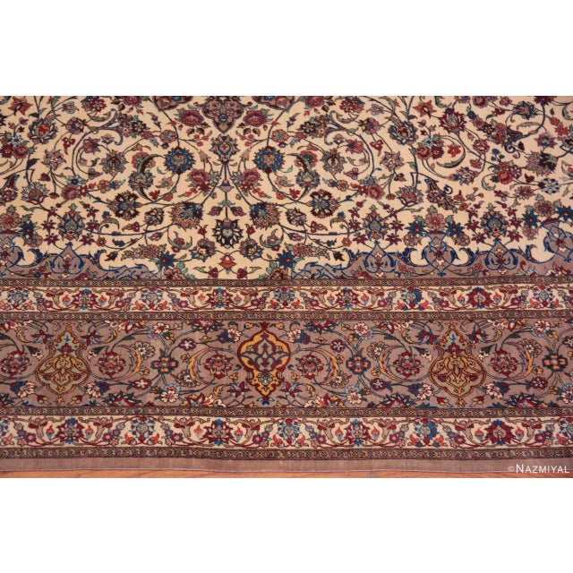 Blue Nazmiyal Collection Ivory Background Floral Medallion Vintage Qum Silk Persian Rug For Sale - Image 8 of 8