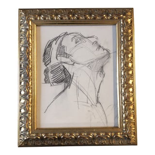 1970’s Vintage Abstract Expressionist Charcoal Female Portrait Drawing Ornate Vintage Frame For Sale