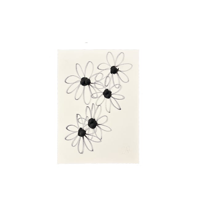 Original abstract floral ink drawing in black and white on paper. Organic daisy-inspired forms with expressive linework...