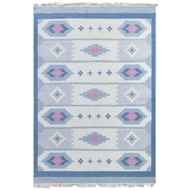 Doris Leslie Blau Vintage Scandinavian Geometric Light Gray Flatweave Wool Rug For Sale