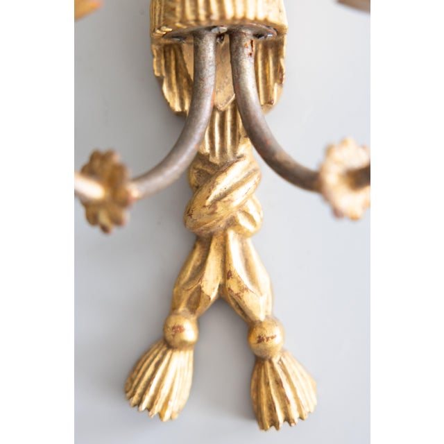 Wood Vintage Italian Carved Giltwood Bows & Tassels Candle Sconces - A Pair For Sale - Image 7 of 12