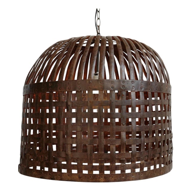 Vintage Rustic Industrial Iron Basket Cage Pendant Light For Sale