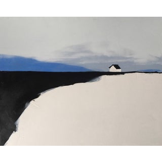 Serene House by Sandra Pratt | Oil on Canvas Painting of a solitary house in a minimalist landscape For Sale