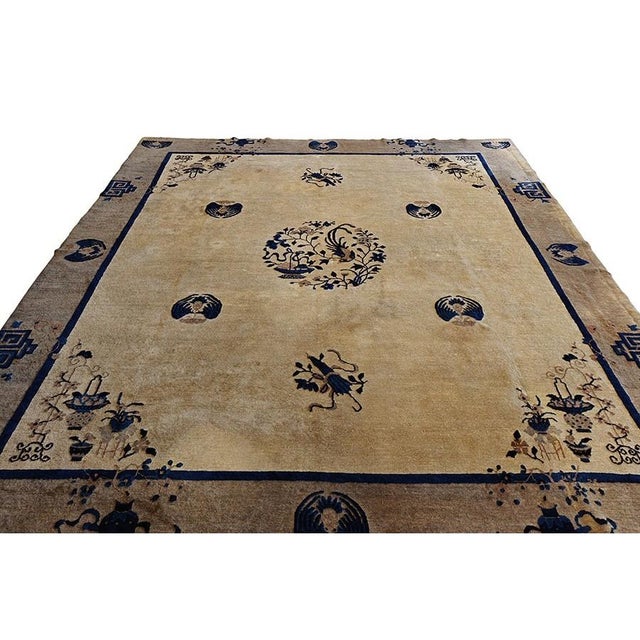 Antique Square Wool Brown Earth Tone Ivory Beige Cream White Hand Knotted Pile Rug, Circa Date: 1920s. This exquisite...