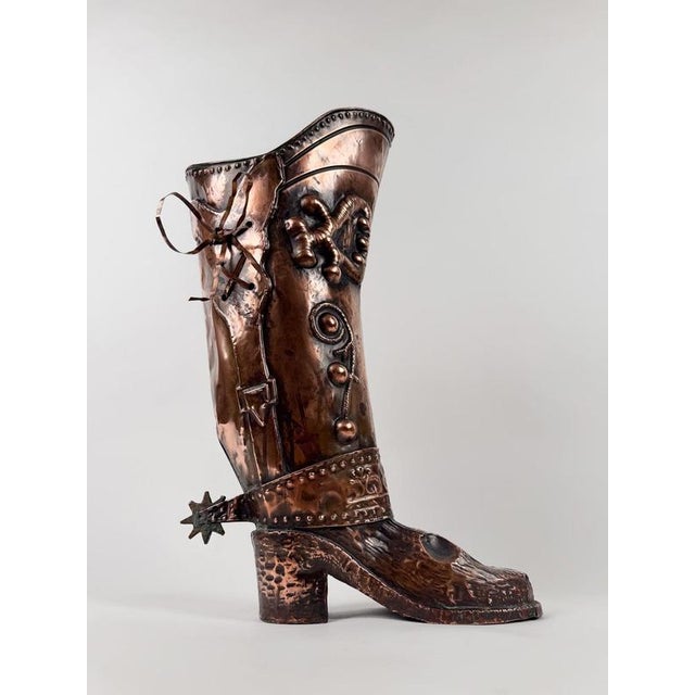 Italian Mid-Century Copper Western Boot Umbrella Stand, Repoussé Decoration, 70s, 1970s For Sale - Image 3 of 18
