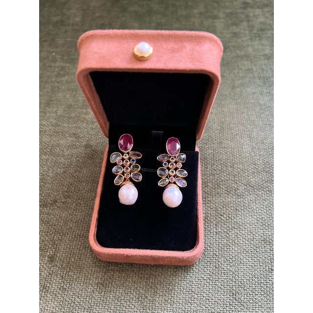 Bochic "Capri" Vintage Ruby & Rose Cut Sapphire Earrings Set 18K Gold & Silver For Sale - Image 17 of 18