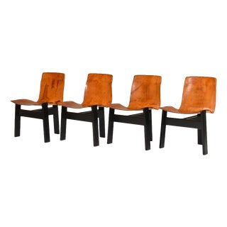 Cognac Leather Tre 3 Dining Chairs by Angelo Mangiarotti for Skipper, 1978, Set of 4 For Sale