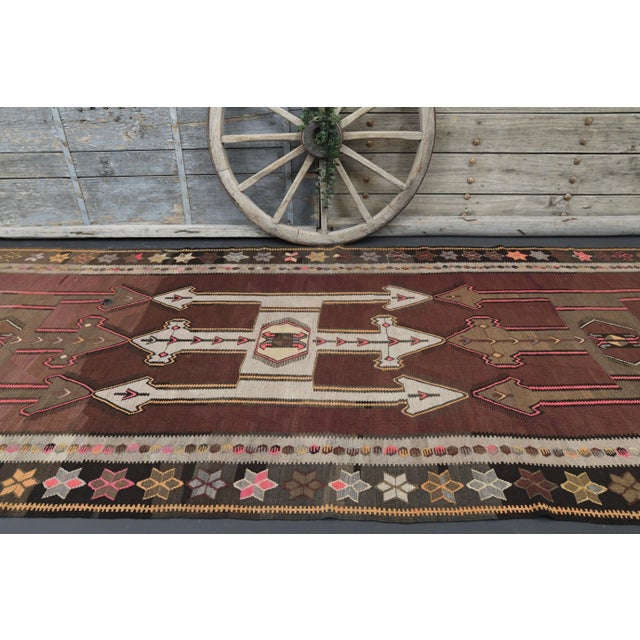 Vintage Turkish Oushak Handmade Wool Cotton Brown Runner Rug For Sale In San Francisco - Image 6 of 11