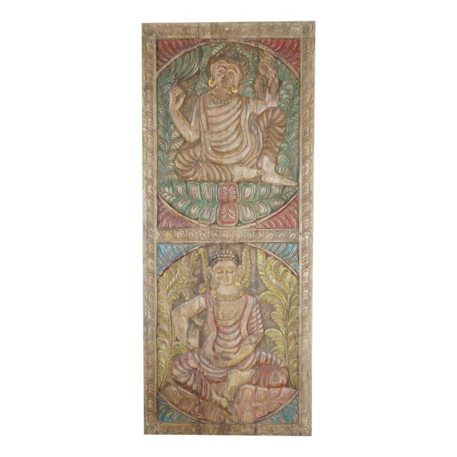 Colorful Vintage Carved Buddha Panel Door – Handcrafted Wall Sculpture Art 83x36 For Sale