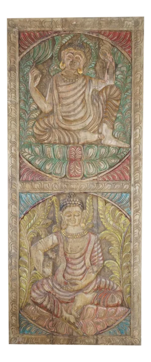 Colorful Vintage Carved Buddha Panel Door – Handcrafted Wall Sculpture Art 83x36