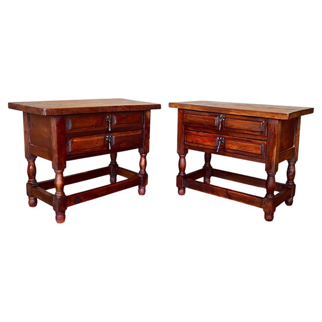 Brown 20th Century Pair of Spanish Nightstands with Two Drawers and Iron Hardware For Sale - Image 8 of 18