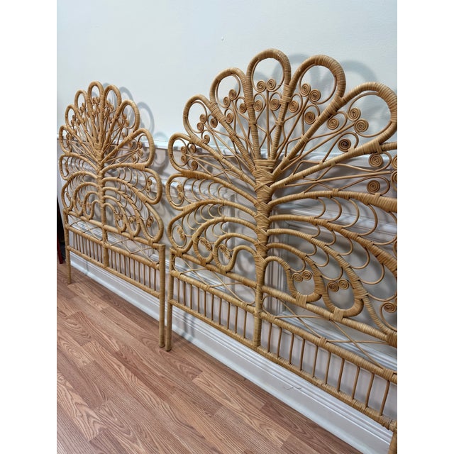 Vintage Boho Chic Peacock Style Rattan Twin Headboards - A Pair For Sale In West Palm - Image 6 of 7