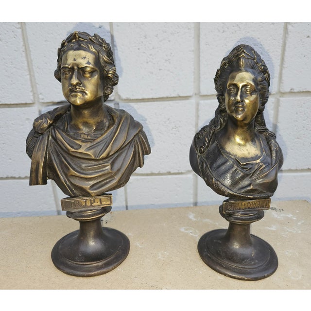 Pair of 19th Century Russian Bronze Busts of Peter I and Catherine the Great For Sale In Washington DC - Image 6 of 11