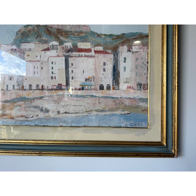 1968 Franco Scuderi Italian Mediterranean Coastal Cityscape Landscape Oil on Plywood Painting, Signed & Framed For Sale - Image 10 of 16