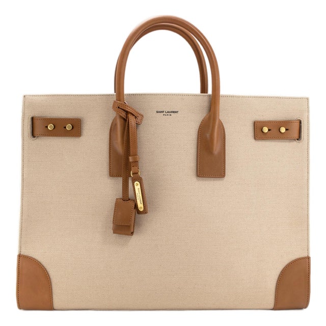 Saint Laurent Sac De Jour Natural Canvas Brown Leather Tote Bag For Sale