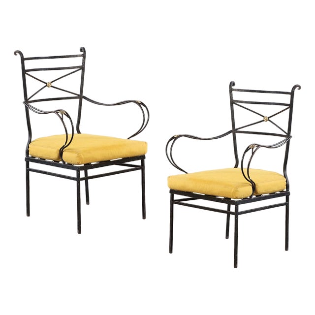 Pair of Neoclassical Style Bronze-Mounted Iron Armchairs Attributed to Comte, C. 1940 For Sale