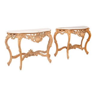 Bleached and Washed Baroque Style Console Tables With Carrara Quartz Tops, Pair For Sale