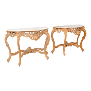 Bleached and Washed Baroque Style Console Tables With Carrara Quartz Tops, Pair