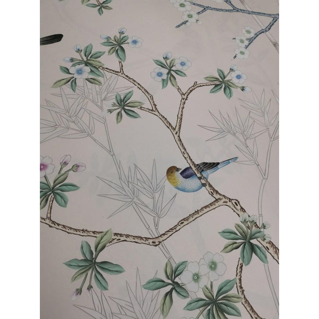 Handpainted Silk Wallpaper, Chinoiserie Birds and Bamboo, Chinoiserie Handmade Wallpaper Mural - Set of 4 For Sale - Image 10 of 12