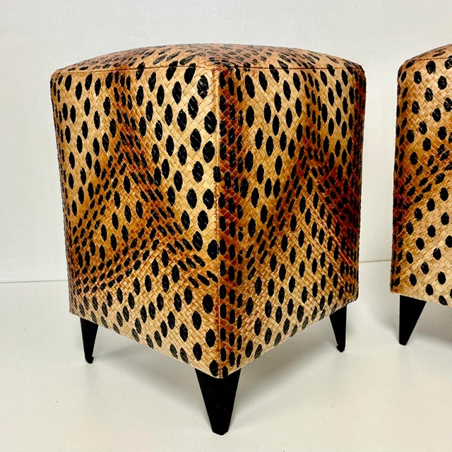 Vintage Boho Chic Hollywood Regency Coastal Leopard Woven Rattan Stools - A Pair. For Sale - Image 14 of 16