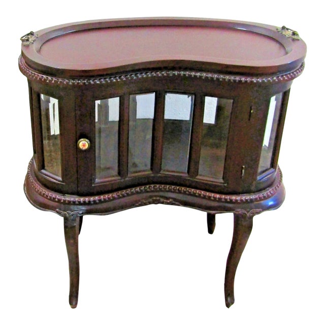 1930's Queen Anne Mahogany Kidney Shaped Beveled Glass Tray Top Drink Cabinet For Sale