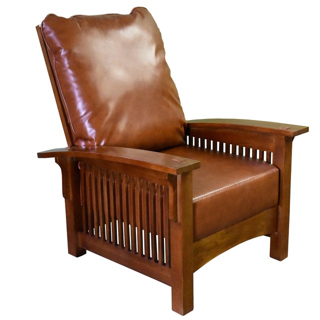 2020s Craftsman-Mission Morris Arm Chair & Ottoman Set-Russet Brown Leather For Sale - Image 5 of 10