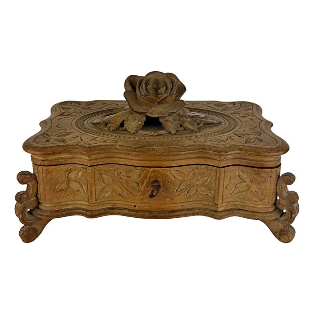 Antique Black Forest Carved Wood Jewelry Box with Rose, 1890s For Sale