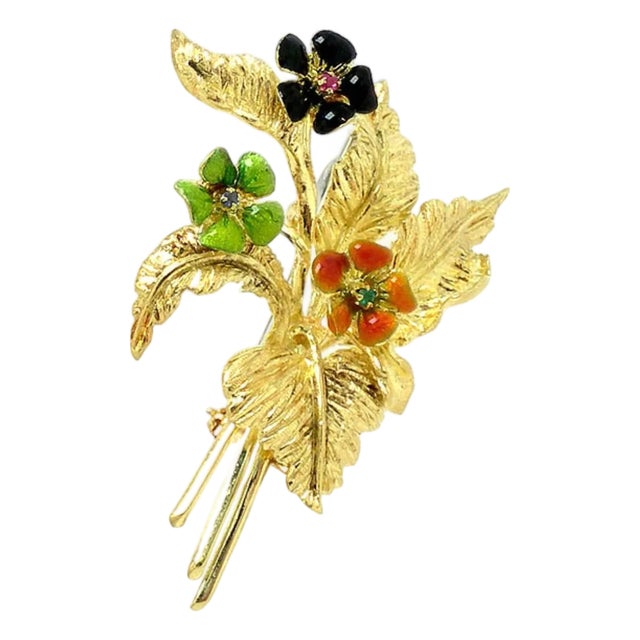 Enamel Ruby Sapphire & Emerald 18k Yellow Gold Floral Bouquet Pin Brooch For Sale