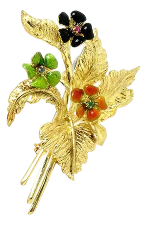 Enamel Ruby Sapphire & Emerald 18k Yellow Gold Floral Bouquet Pin Brooch
