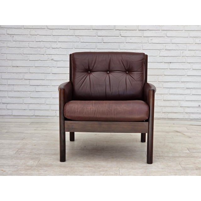 Wood Vintage Scandinavian Armchair in Furniture Leather and Beech, 1970s For Sale - Image 7 of 18