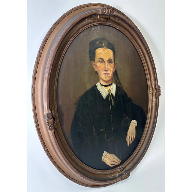 The American School 19th Century American School, Portrait of a Woman, Oil on Canvas Laid on Board (Needs Restoration) For Sale - Image 3 of 11