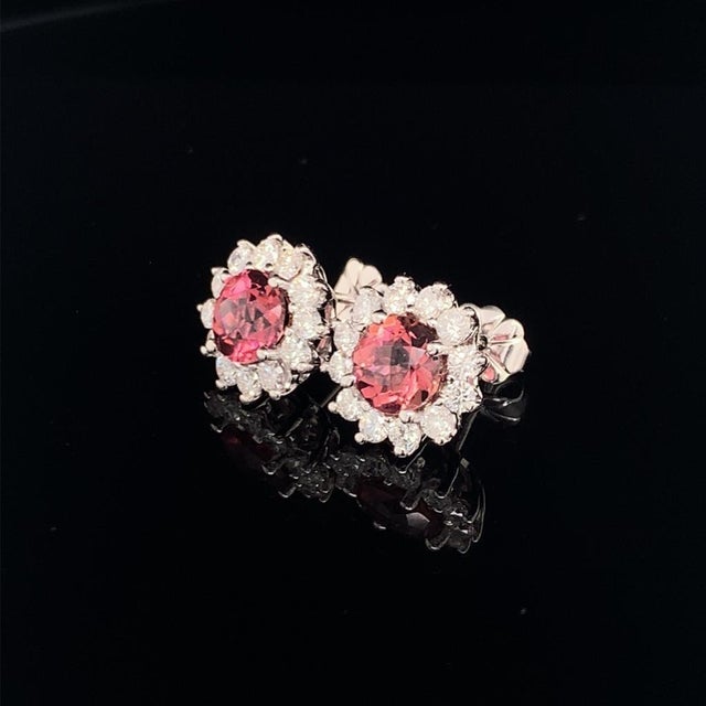 Rubellite Tourmaline Diamond Earrings 14k WG 2.55 TCW Certified For Sale - Image 4 of 14