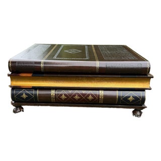 Vintage Maitland-Smith Leather-Bound Book Coffee Table With Hidden Drawer | English Library Style For Sale