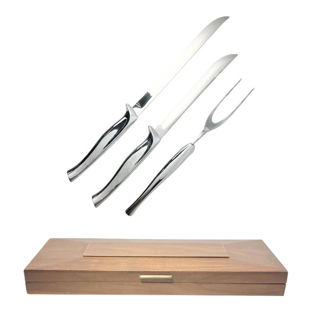 Vintage Carvel Hall 3-Piece Stainless Carving Knife & Fork Set With Wooden Case For Sale