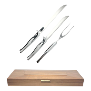 Vintage Carvel Hall 3-Piece Stainless Carving Knife & Fork Set With Wooden Case