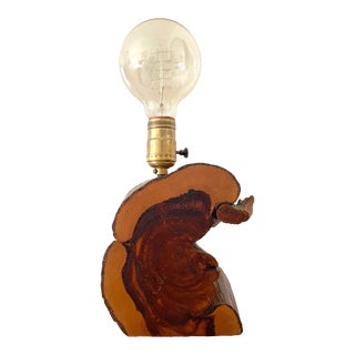 1960s Sculptural Natural Raw Wood Accent Table Lamp With Edison Globe Bulb For Sale