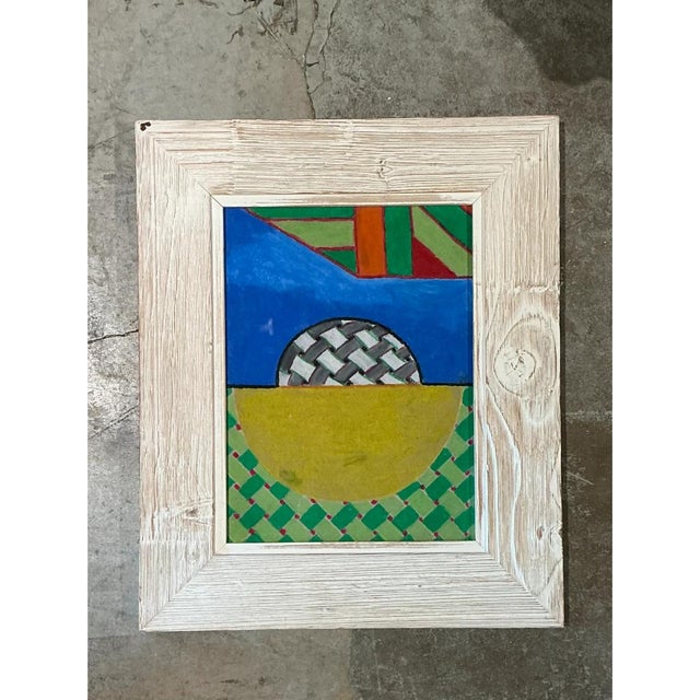 Wood Vintage Geometric Abstract Oil Crayon Drawing For Sale - Image 7 of 12