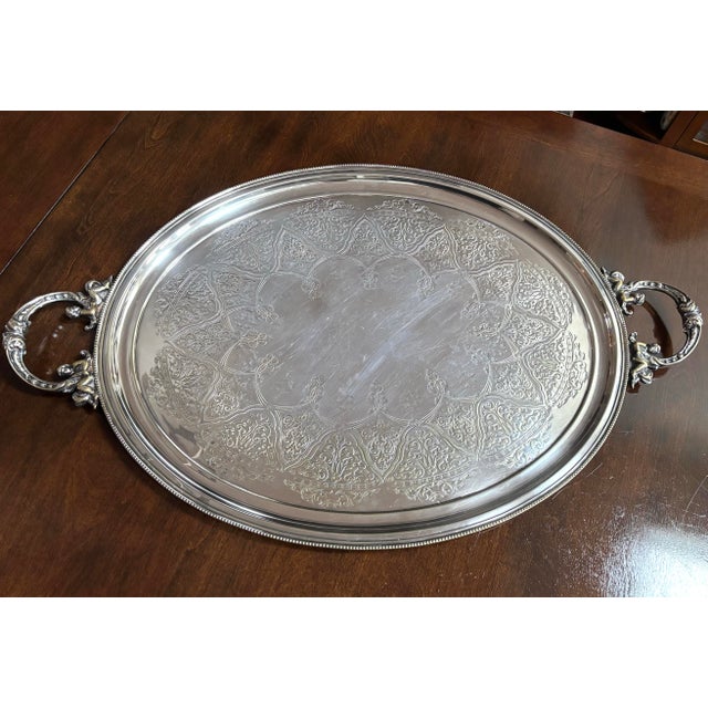 Art Nouveau Gorgeous Vintage Wilson Silversmiths Sheffield 31"x19.5" Oval Serving Tray. SilverPlate on Brass With Cherub Handles. Scroll Design With Beaded Edge. For Sale - Image 3 of 11