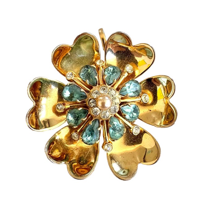 Coro Mid 20th Century Coro Gold Tone Rhinestone Vintage Brooch/Pendant For Sale - Image 4 of 4
