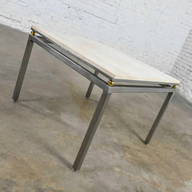 Fabulous modern custom-made end table by Jensen Design Inc comprised of a square steel tube base with natural steel...
