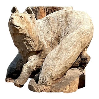 Vintage Hand Carved Fox on Stump For Sale