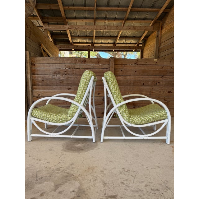 Contemporary Vintage Mid-Century Bent Rattan Lounge Chairs With Quadrille China Seas Upholstery For Sale - Image 3 of 12