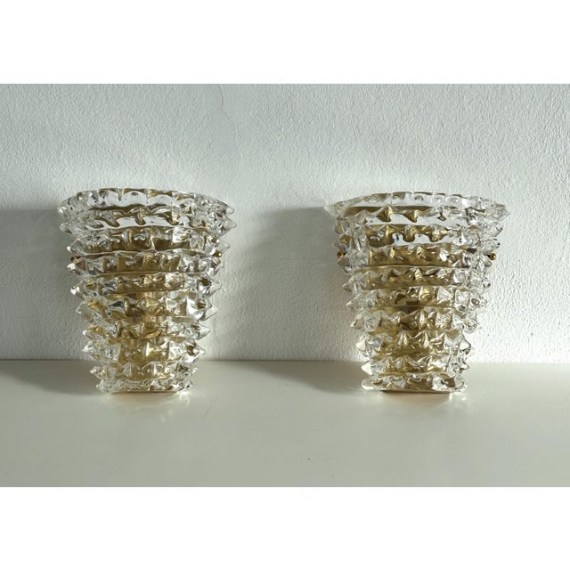 1990s Large Italian Art Deco Style Murano Rostrato Glass and Brass Wall Sconces from Barovier & Toso, 1990s, Set of 2 For Sale - Image 5 of 13