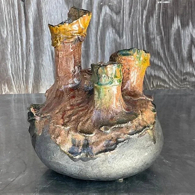 Late 20th Century Vintage Organic Modern Sculptural Three-Spout Pottery Vase For Sale - Image 5 of 16