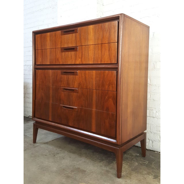 Elegantly slick and beautiful vintage original mid century modern tall dresser / highboy from the 60s. Made by United...