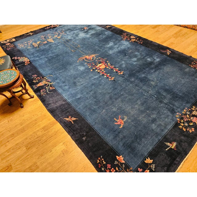 1900 - 1909 Antique Chinese Art Deco Rug, Hand-Knotted Wool Pile, Phoenix Motif Design, French Blue & Navy, 10' X 17’ For Sale - Image 5 of 17
