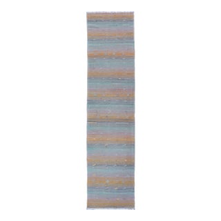 Vintage Turkish Kilim Runner With Blue, Orange, and Soft Lavender Stripes For Sale