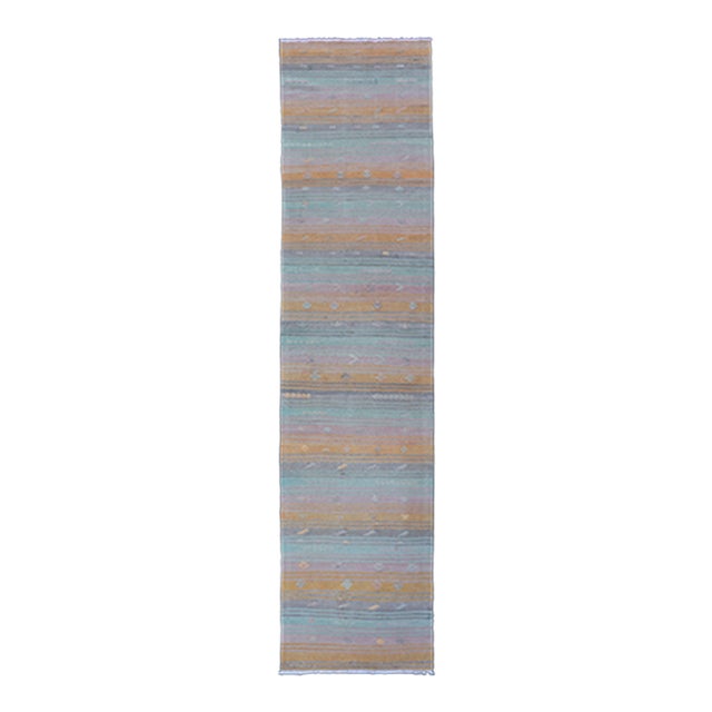 Vintage Turkish Kilim Runner With Blue, Orange, and Soft Lavender Stripes For Sale